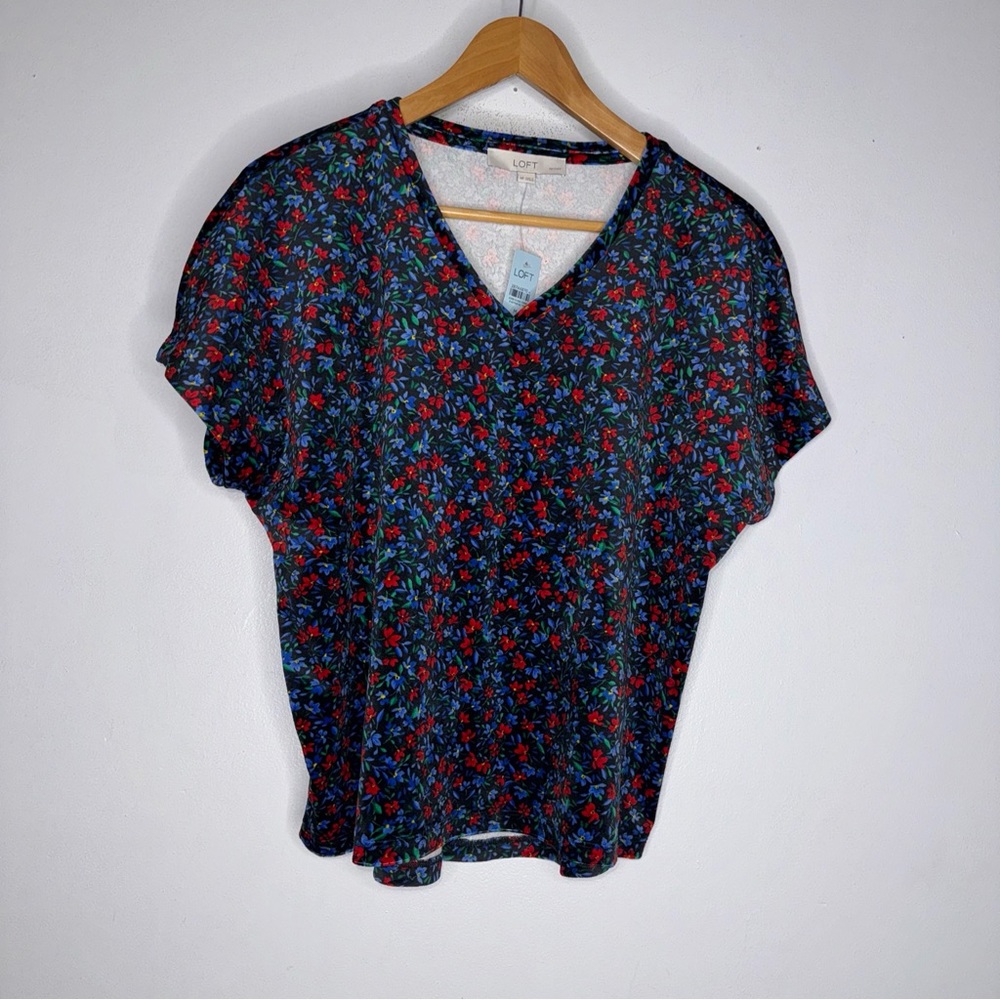 Loft Velvet Blouse Shirt Top V Neck Short Sleeve Romantic Floral Velour CP0166